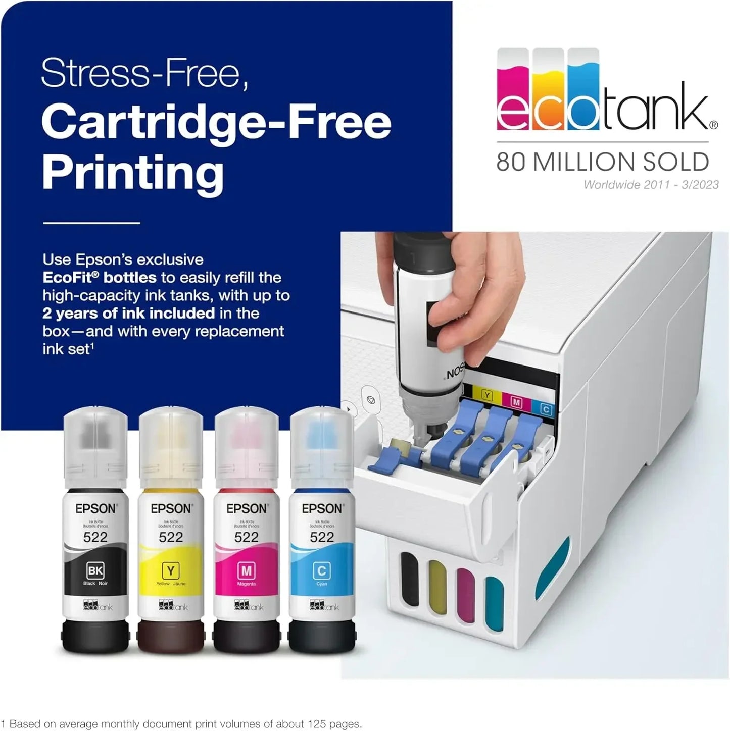 EcoTank ET-2800 Wireless Color All-in-One Cartridge-Free Supertank Printer with Scan and Copy Home Printer - White, Medium