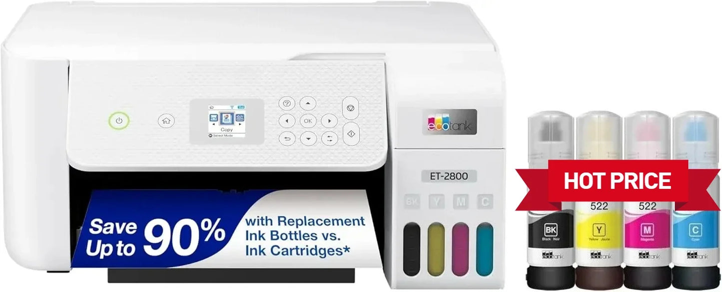 EcoTank ET-2800 Wireless Color All-in-One Cartridge-Free Supertank Printer with Scan and Copy Home Printer - White, Medium