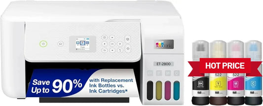 EcoTank ET-2800 Wireless Color All-in-One Cartridge-Free Supertank Printer with Scan and Copy Home Printer - White, Medium
