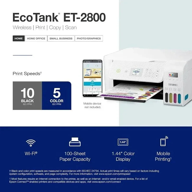 EcoTank ET-2800 Wireless Color All-in-One Cartridge-Free Supertank Printer with Scan and Copy Home Printer - White, Medium
