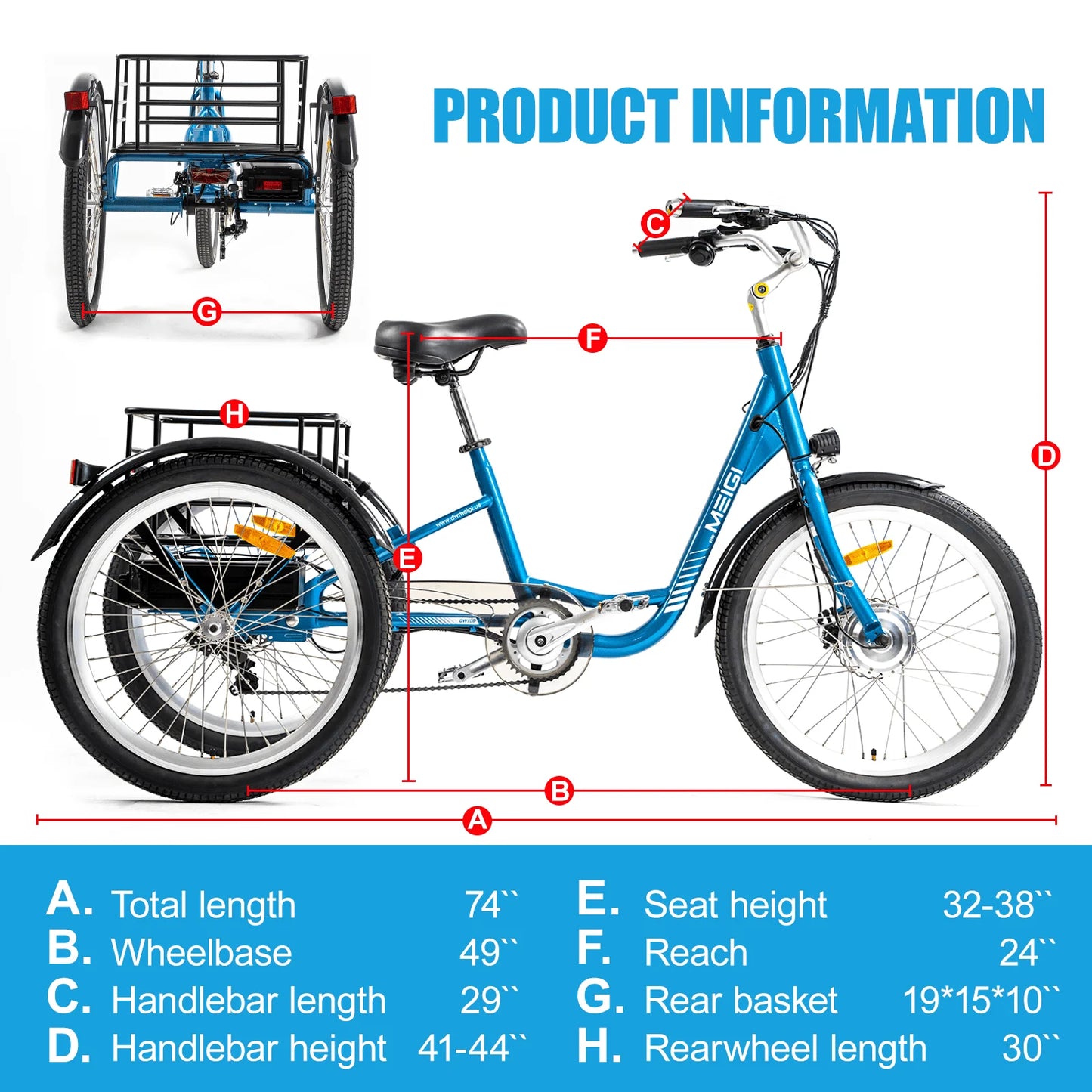 3 Wheel Electric Cargo Tricycle for Adult Powerful Strong 750W Peak Motor 36V 24 Inch Tire Electric City Bike For Man Women