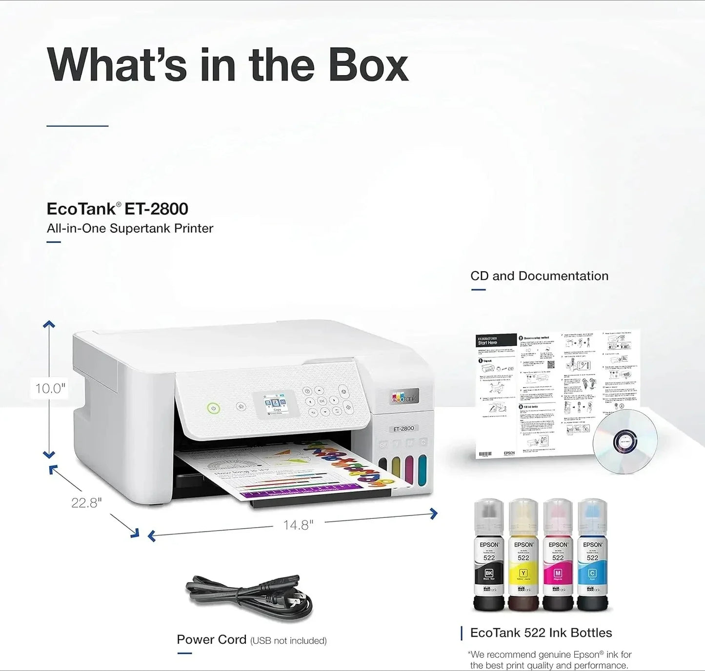 EcoTank ET-2800 Wireless Color All-in-One Cartridge-Free Supertank Printer with Scan and Copy Home Printer - White, Medium